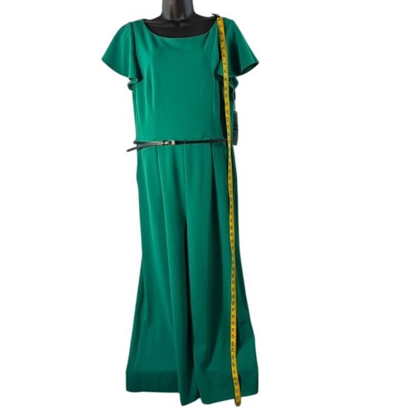 Green Wide-Leg Jumpsuit With Short Flutter Sleeves & Belted Waist Back Zipper - Picture 5 of 13